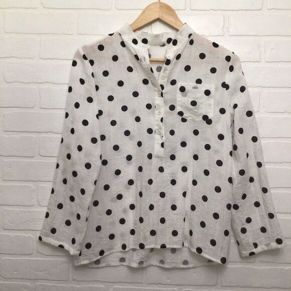 2/40$ LINEN blouse polka dots black ecru mao neck button Down casual shirt med - Picture 12 of 12